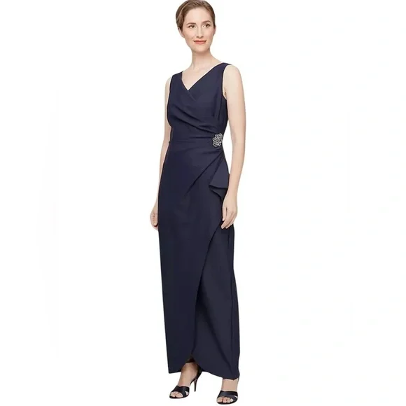 NWT Alex Evenings Navy Side Drape Tulip Hem Column Gown Size 4 Embellished